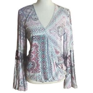 Haute Hippie Womens Pink Black Print Malia Surplice Faux Wrap Knit Top Small